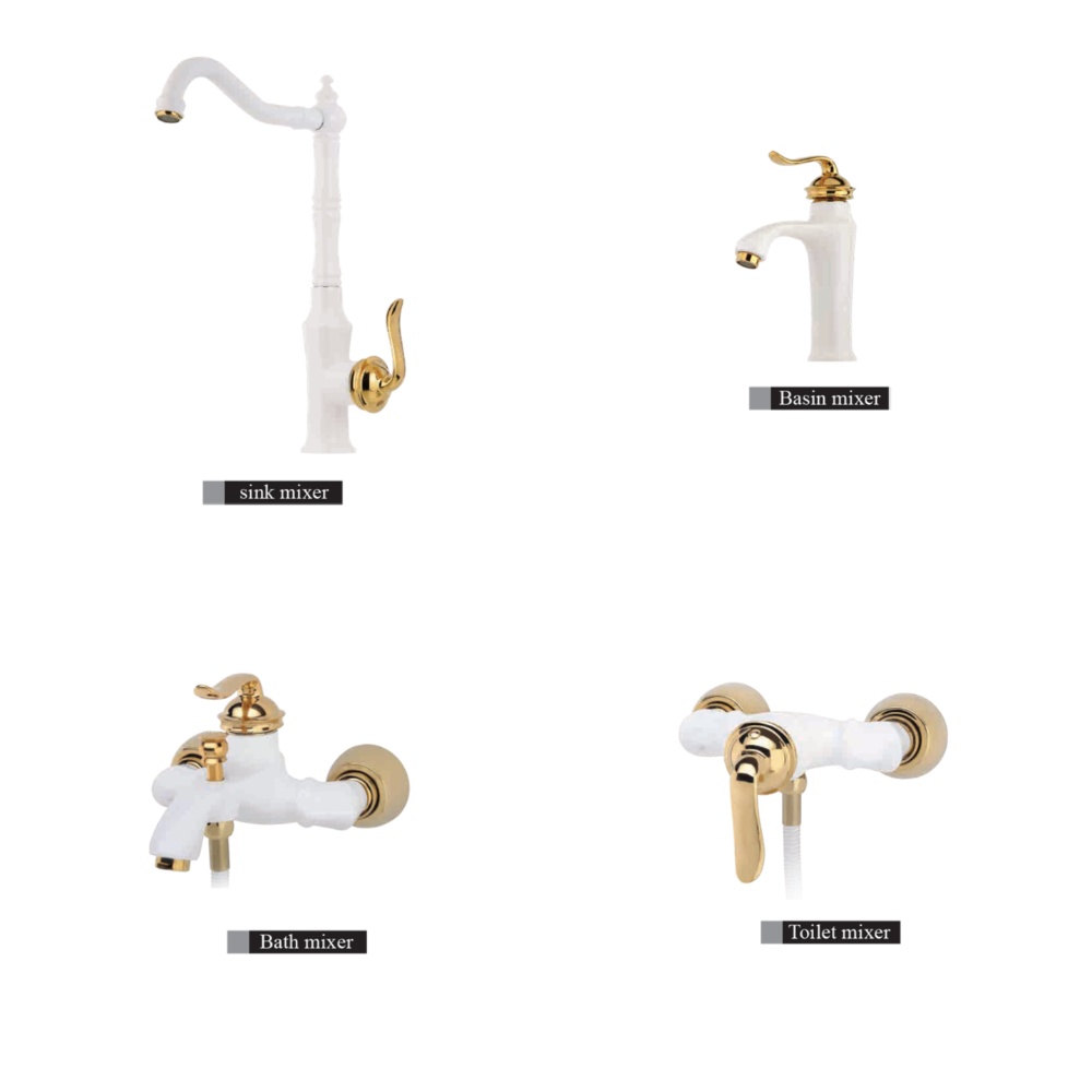 Alvand faucet set, bamboo, white, gold ست شیرآلات الوند مدل بامبو سفید طلایی
