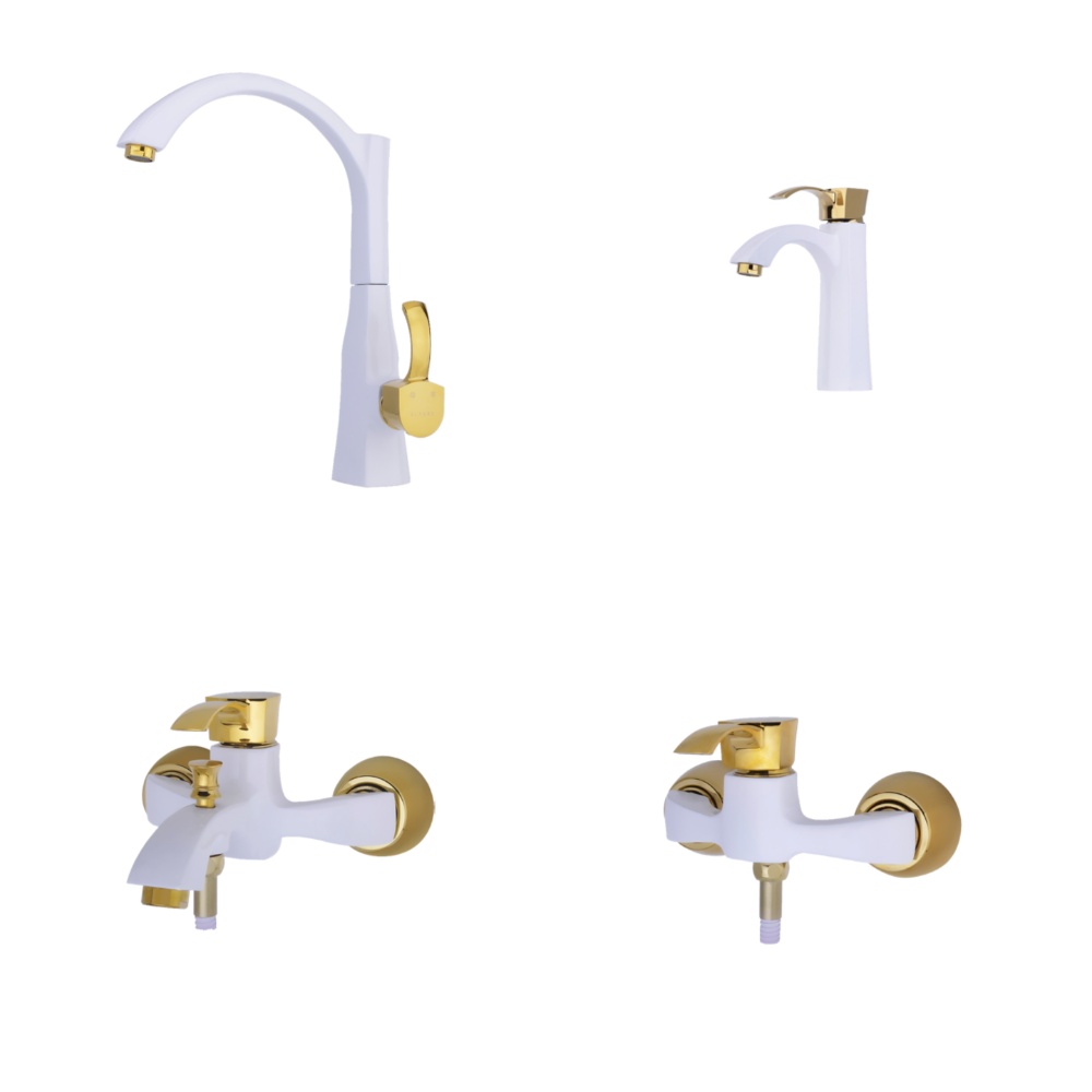 Alvand faucet set, white and golden Atlas model ست شیرآلات الوند مدل اطلس سفید طلایی