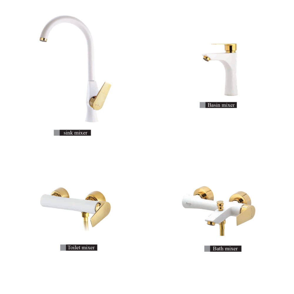 alvand faucet set, Dena model, white and golden ست شیرآلات الوند مدل دنا سفید طلایی